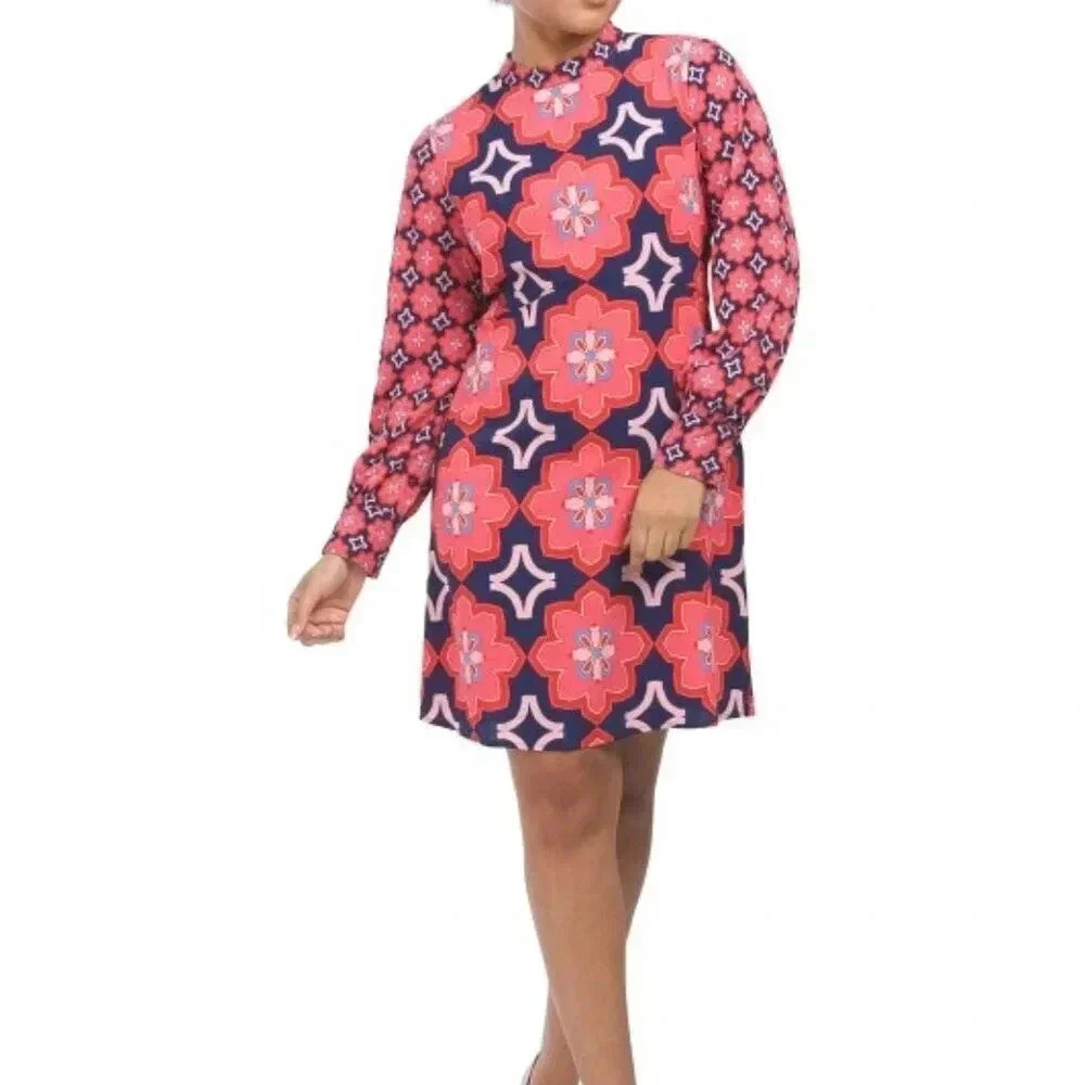 Mini Dress With Long Sleeve And Placed Print (Color: Navy/coral)